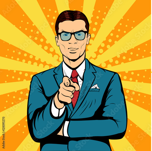 Businessman pointing finger pop art retro vector. Index finger. Promo people. We are waiting for you