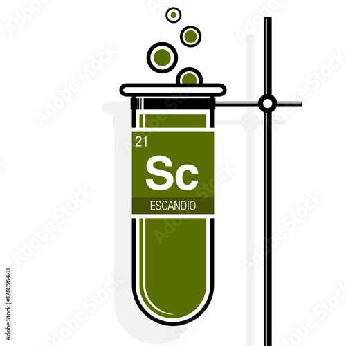 Escandio symbol - Scandium in Spanish language - on label in a green test tube with holder. Element number 21 of the Periodic Table of the Elements - Chemistry