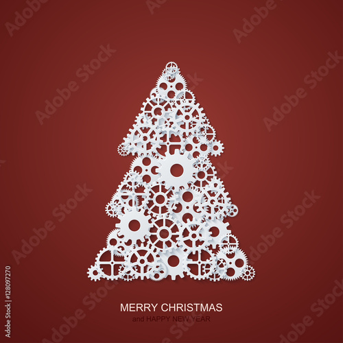 Vector modern concept christmas tree and mechanism gears background. Invitation of xmas or happy new year.