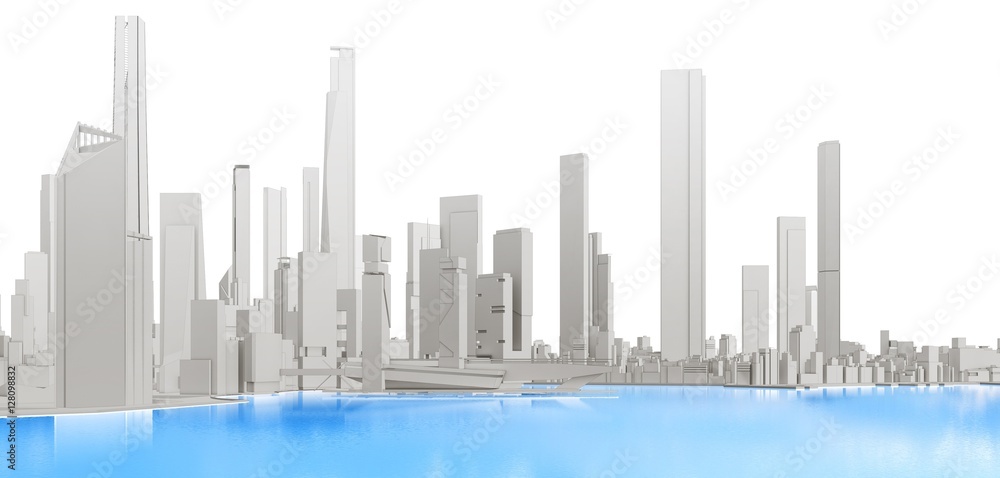 3d generic city with blue lake