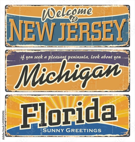 Vintage tin sign collection with USA state. New Jersey. Michigan. Florida. Retro souvenirs or old paper postcard templates on rust background. 