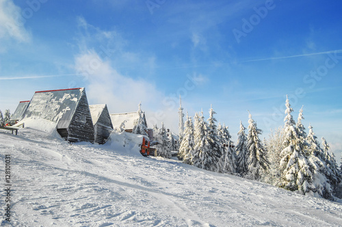 Ski resort landscape. Snow scene, beautiful landscape. Ukrainian ski resort in Carpathian mountains Slavsko. photo