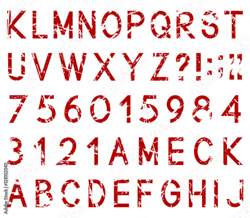 Latin alphabet letters with set of numbers 1, 2, 3, 4, 5, 6, 7, 8, 9, 0 and punctuation signs, isolated on white background, vector illustration.