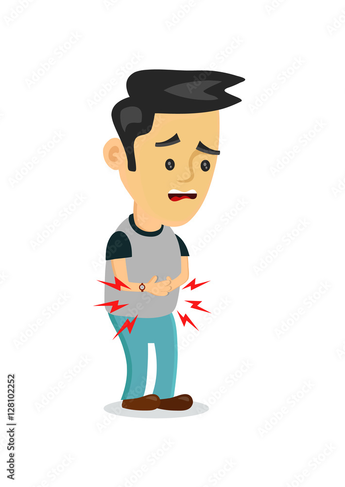 stomachache, food poisoning, stomach problems.vector flat cartoon concept illustration of men character food poisoning or digestion.nausea, diarrhea, abdominal cramps,headache, flu, pain, constipation