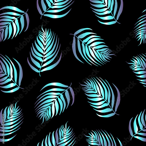 endless pattern of neon palm leaves on dark background