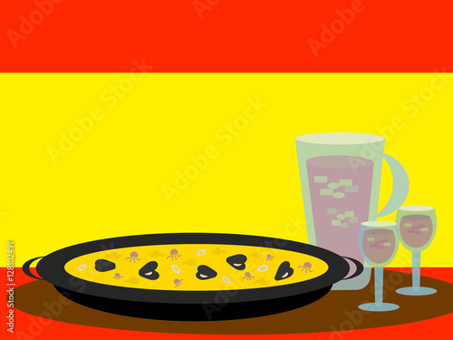 Paella and Sangria: typical Spanish food with flag of Spain in the background.