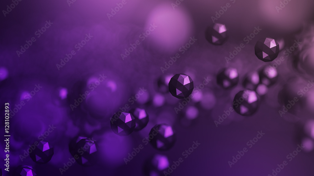 Abstract 3d rendering of chaotic low poly particles. Flying polygonal spheres in empty space. Futuristic background with bokeh effect. Poster design.