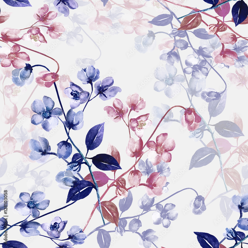 Fototapeta Granatowe i Bordowe Kwiaty na jasnym tle - wzór akwarela