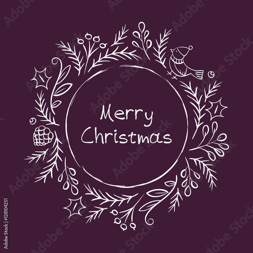 Hand drawn Christmas card on a purple background