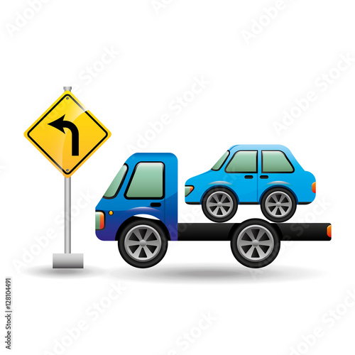 truck crane and car with road sign vector illustration eps 10
