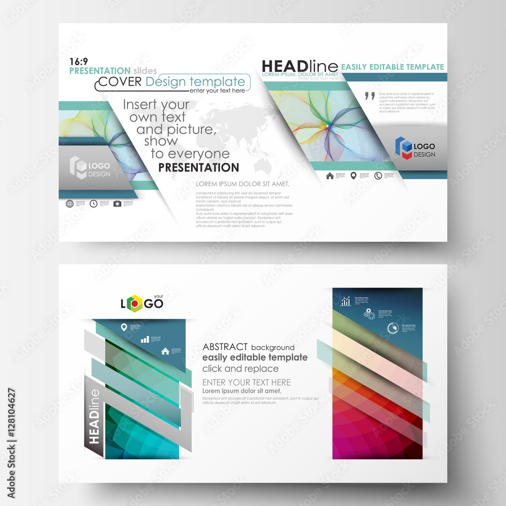 Business templates in HD format for presentation slides. Easy editable layouts in flat style, vector illustration. Colorful design background with abstract shapes and waves, overlap effect.
