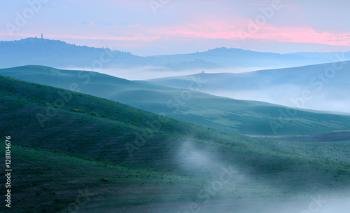 Tuscany Landscape near the Town of Pienza at Sunrise, Morning Fog, Val d’Orcia, Tuscany, Italy