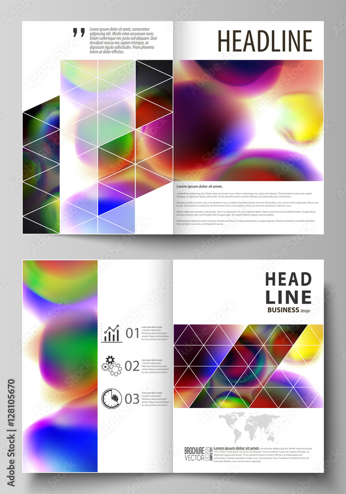 Business templates for bi fold brochure, magazine, flyer, booklet or annual report. Cover template, flat vector layout in A4 size. Colorful design background with abstract shapes, bright cell backdrop