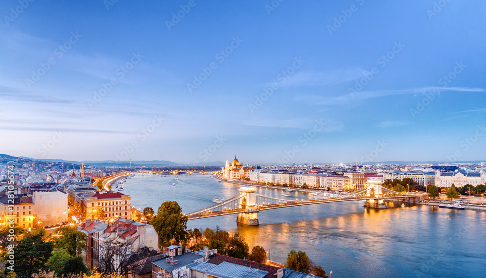 Budapest dusk scene of downtown with river. Budapest is the capital fo european country Hungary and very popular travel destination for romantic trip.