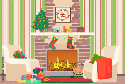Christmas livingroom flat interior vector illustration. Christmas New Year tree and fireplace with socks. Christmas wall pattern.