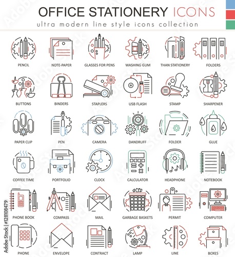 Vector Office stationery line red color line outline icons for apps and web design. Office stationery elements tools icons.