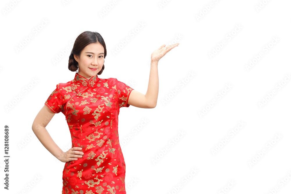 Asian woman in cheongsam dress(qipao), The national dress of Chinese people isolated on white background, Happy chinese new year. Asian woman in cheongsam dress(qipao), The national dress of Chinese people isolated on white background, Happy chinese new year.