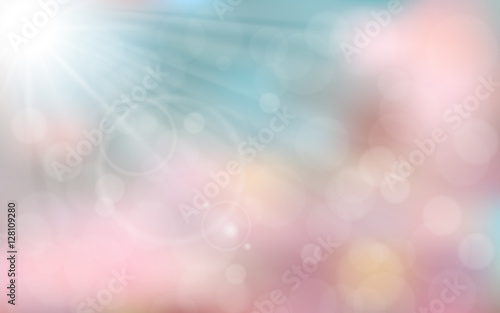 Pink and blue spring background with sun ray, flare, bokeh. Vector illustration.