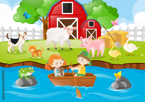 Fototapeta Naklejka Na Ścianę i Meble -  Farm scene kids rowing boat in river