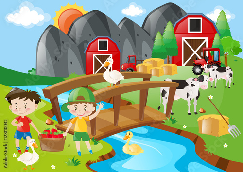 Boys and animals in the farmyard