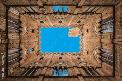 Torre del Mangia seen from below, Siena, Tuscany, Italy 