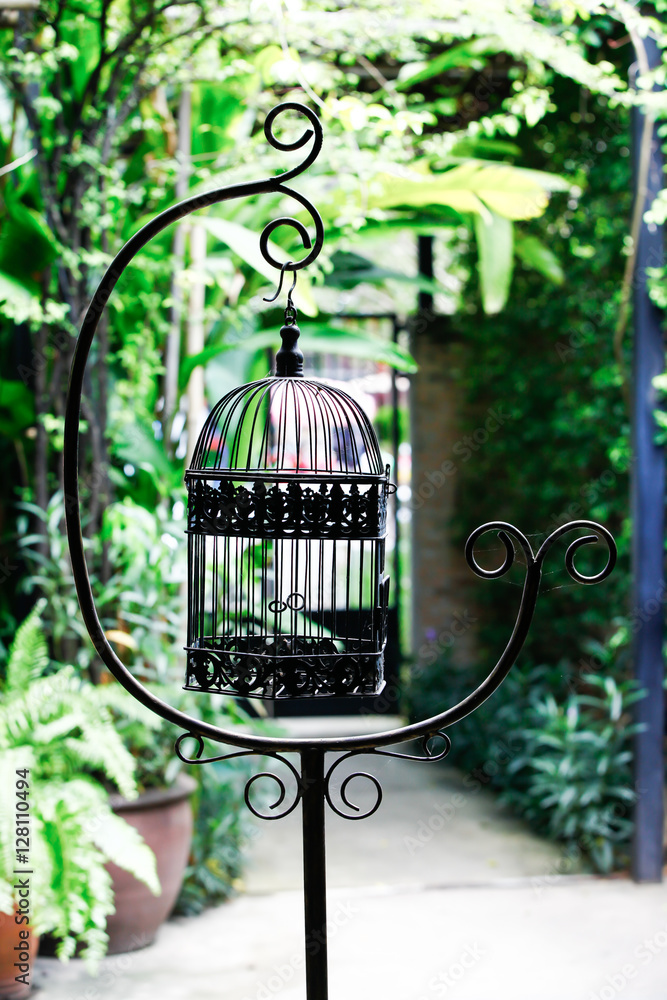 Classic bird cage on natural background.