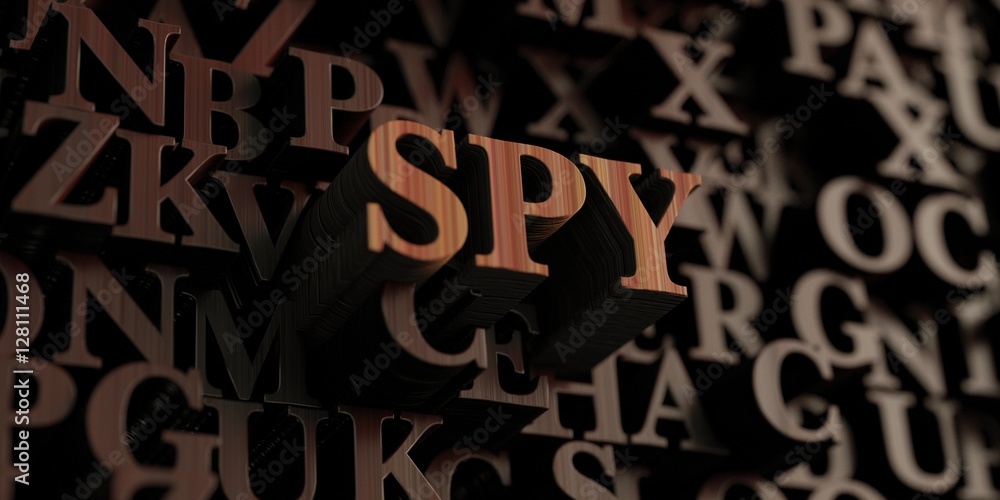 Spy - Wooden 3D rendered letters/message.  Can be used for an online banner ad or a print postcard.