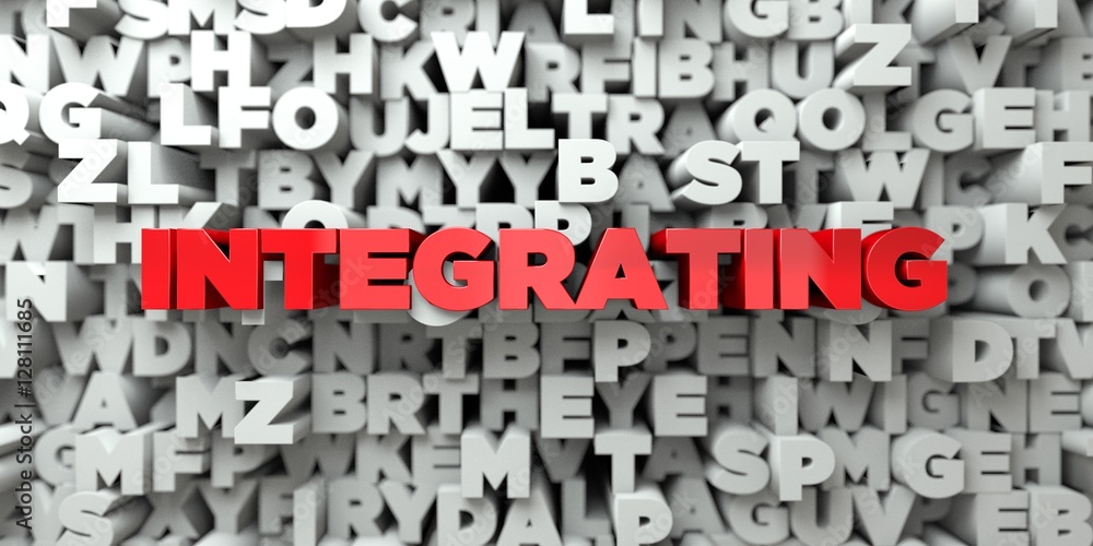 INTEGRATING - Red text on typography background - 3D rendered royalty free stock image. This image can be used for an online website banner ad or a print postcard. INTEGRATING - Red text on typography background - 3D rendered royalty free stock image. This image can be used for an online website banner ad or a print postcard.