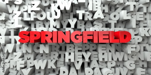 SPRINGFIELD - Red text on typography background - 3D rendered royalty free stock image. This image can be used for an online website banner ad or a print postcard.