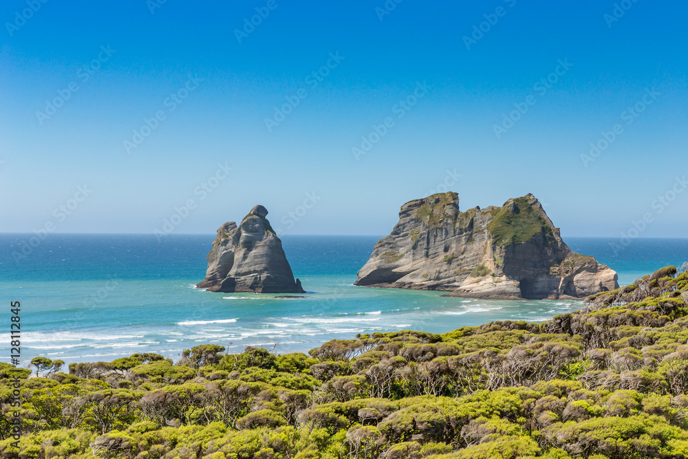 Bizarre rocks on Wharariki beach, Cape Farewell. The most northerly point on the South Island of New Zealand