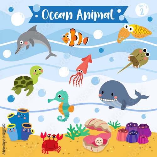 Ocean Animal cartoon underwater background. Turtle. Whale. Squid. Crab. Dolphin. Oyster. Clownfish. Barnacle. Cuttlefish. Sea Squirt. Horseshoe Crab. Seahorse. Vector illustration. Set 2.