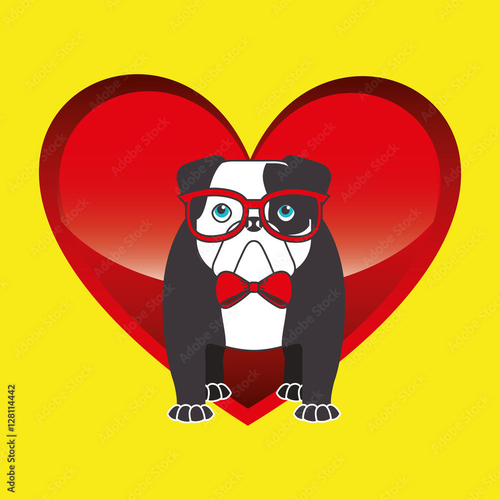 bulldog with glasses red bow vector illustration eps 10