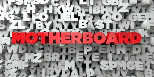 MOTHERBOARD - Red text on typography background - 3D rendered royalty free stock image. This image can be used for an online website banner ad or a print postcard.