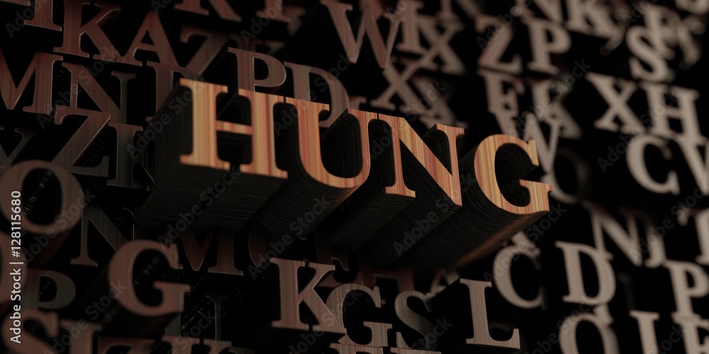 Hung - Wooden 3D rendered letters/message.  Can be used for an online banner ad or a print postcard.