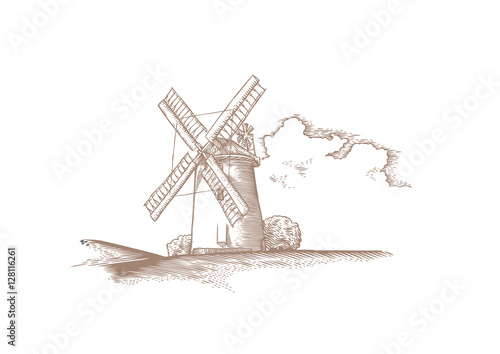Landscape with stone windmill and cloud