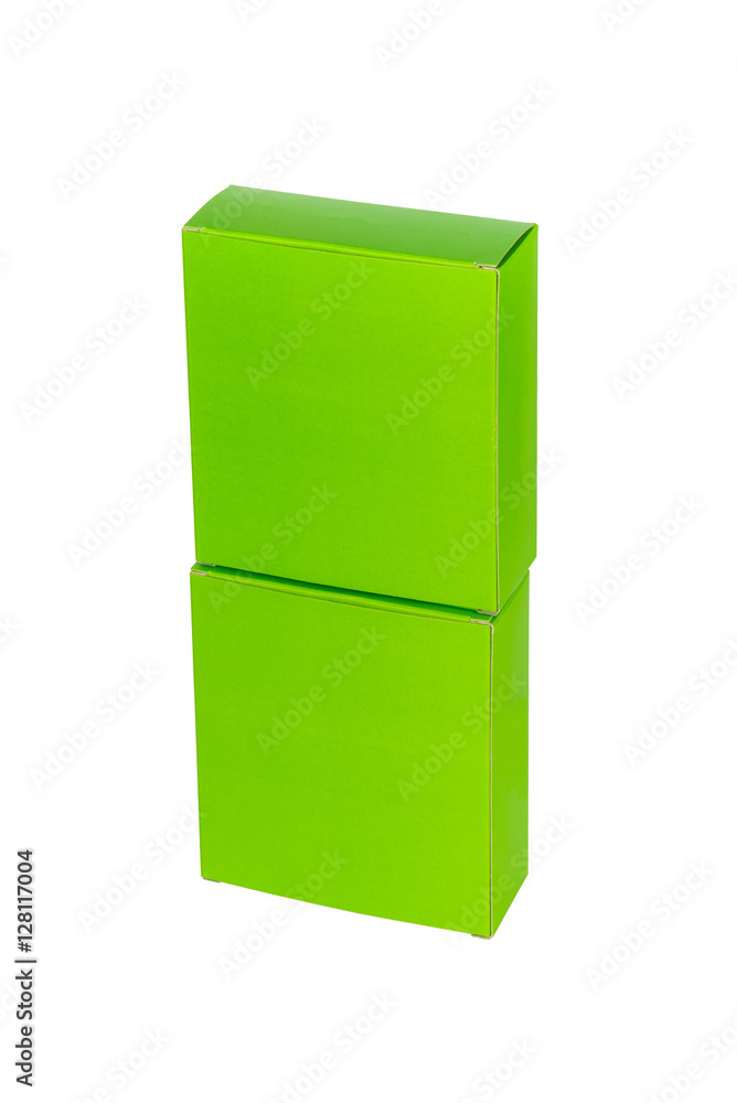 Green boxes stacked or green paper package box isolated on White Green boxes stacked or green paper package box isolated on White