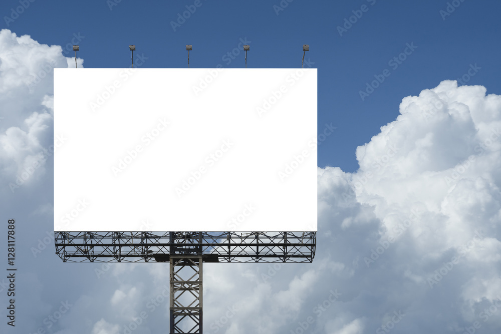 Blank big billboard against blue sky background.for your advertising,put your own text here.isolate white on board.clipping path include Blank big billboard against blue sky background.for your advertising,put your own text here.isolate white on board.clipping path include