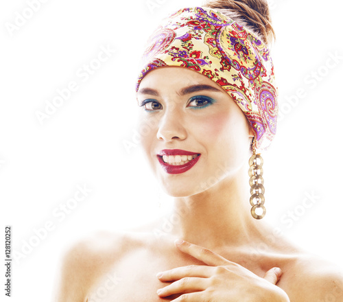 young pretty modern girl with bright shawl on head emotional posing isolated on white background, asian people ethnicity photo