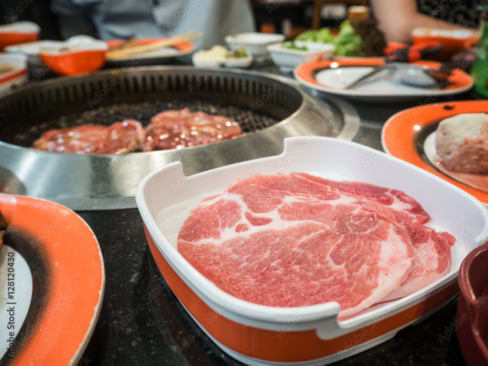 Raw pork slice in plate for barbecue Raw pork slice in plate for barbecue