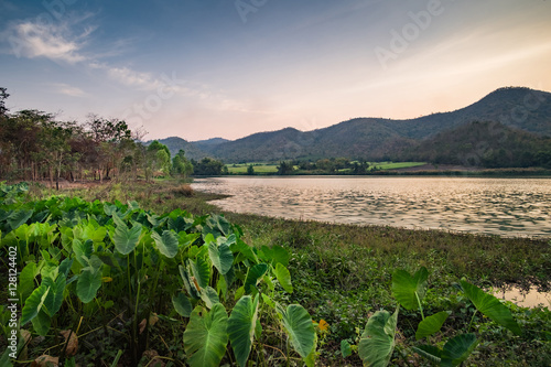 Beautiful view of lake  Khao wong resevoir  in evening