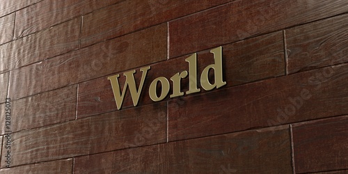 World - Bronze plaque mounted on maple wood wall - 3D rendered royalty free stock picture. This image can be used for an online website banner ad or a print postcard.