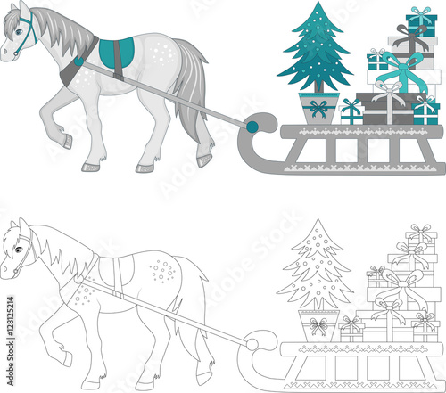 Pony driven sleigh with Christmas gifts and a Christmas tree. Coloring and color image