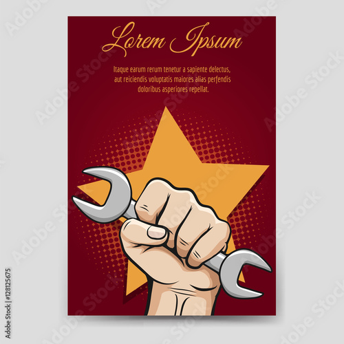 Labor day brochure flyer template. Flyer with working hand and wrench vector