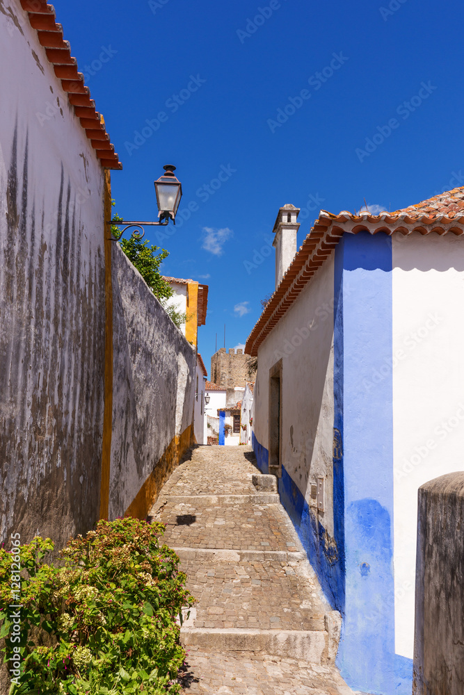 Empty street in Obidos, a medieval town in Portugal