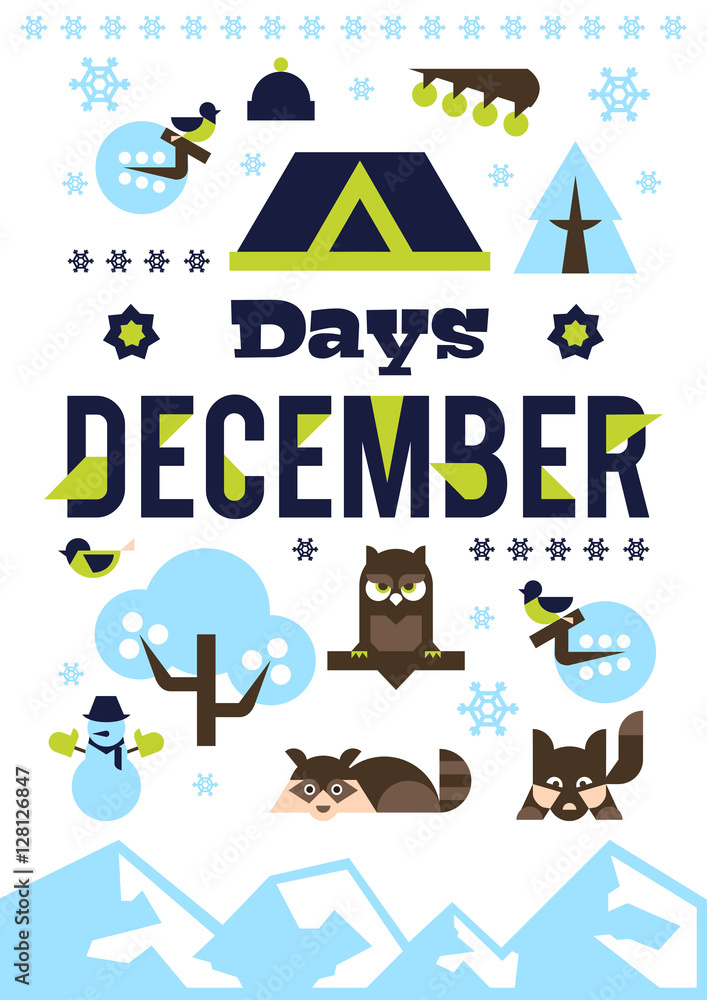 Fototapeta premium The December days. Designed for printing, postcards, calendars, notebooks, diary. Set winter season objects. Owl, raccoon, dog, snowman, pine, bullfinch, berries, house. Vector illustration