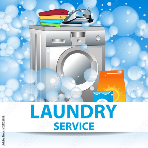 Laundry service. Poster template for house cleaning services. Vector illustration.