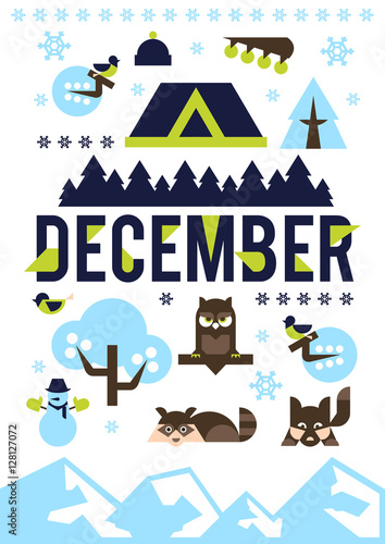 Illustration on the theme of December. Designed for printing, postcards, calendars, notebooks, diary. Set winter objects. Owl, raccoon, dog, snowman, pine, bullfinch, berries, house, forest, mountain