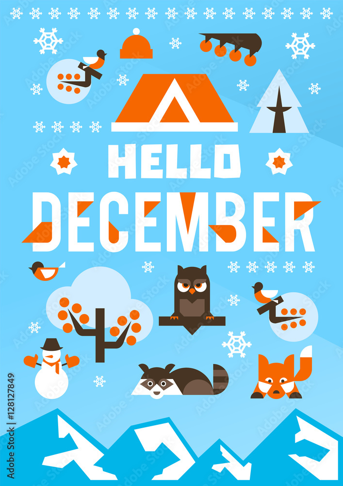 Hello December. Designed for printing, postcards, calendars, notebooks, diary. Set winter season objects. Owl, raccoon, fox, snowman, pine, bullfinch, berries, house. Vector illustration