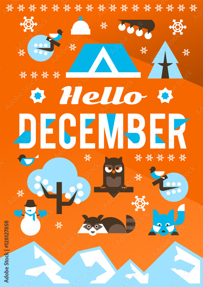 Hello December. Designed for printing, postcards, calendars, notebooks, diary. Set winter season objects. Owl, raccoon, dog, snowman, pine, bullfinch, berries, house. Vector illustration