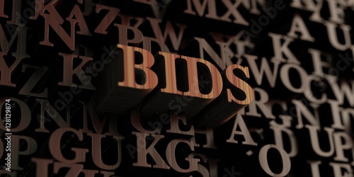 Bids - Wooden 3D rendered letters/message. Can be used for an online banner ad or a print postcard.